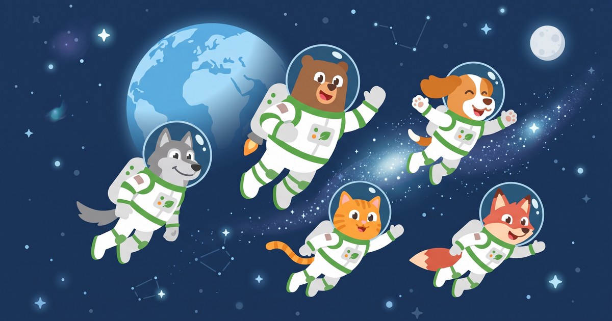 Five astronaut animals flying through space, the cast of Vocabulary Game